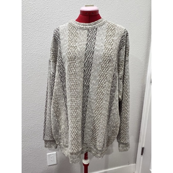 Textured Knit Sweater Beige Gray Color Block Pullover Long Sleeve Oversized - Picture 6 of 8